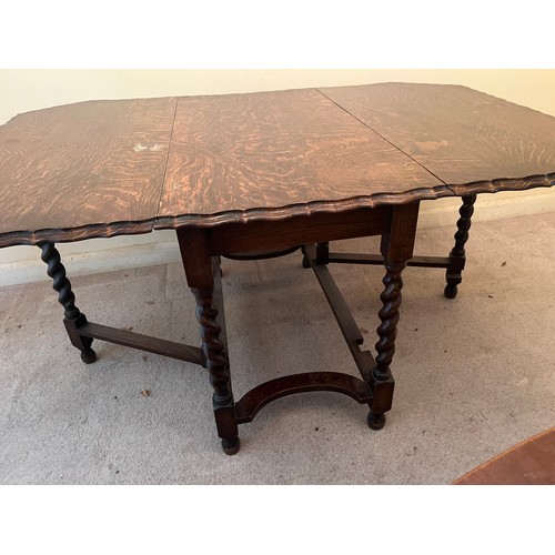 365 - Edwardian drop leaf dinning table with a pie crust edging design to the top and raised on barley twi... 