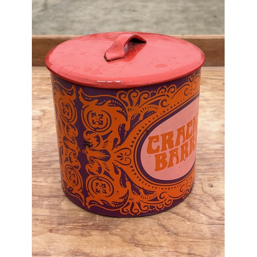 11 - Mid Century kitchenalia, lithographed storage bin marked for Cracker Barrel, a very striking orange ... 