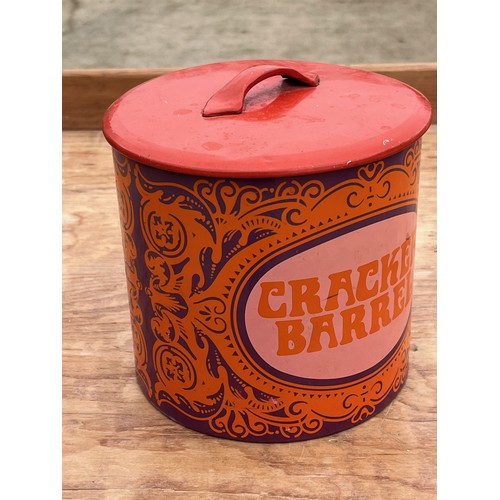 11 - Mid Century kitchenalia, lithographed storage bin marked for Cracker Barrel, a very striking orange ... 