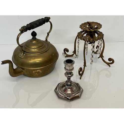 114 - Mixed metal wares, Plated art deco candle stand, brass kettle and a cast brass light fitting.

This ... 