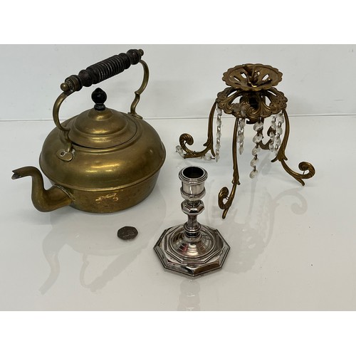 114 - Mixed metal wares, Plated art deco candle stand, brass kettle and a cast brass light fitting.

This ... 