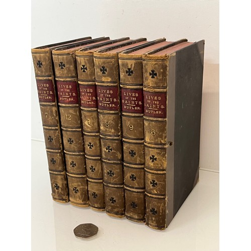 125 - Antiquarian books, six leather bound volumes Lives of Saints by Rev Alban Butler.

This lot is avail... 