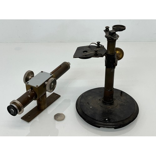 130 - Scientific instruments, some microscope parts, a stand marked for Husbands 8 St Augastines Parade Br... 