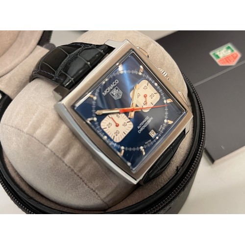 155 - Vintage TAG Heuer Gents wrist watch, Monaco automatic Chronograph, blue crocadile starp, boxed with ... 