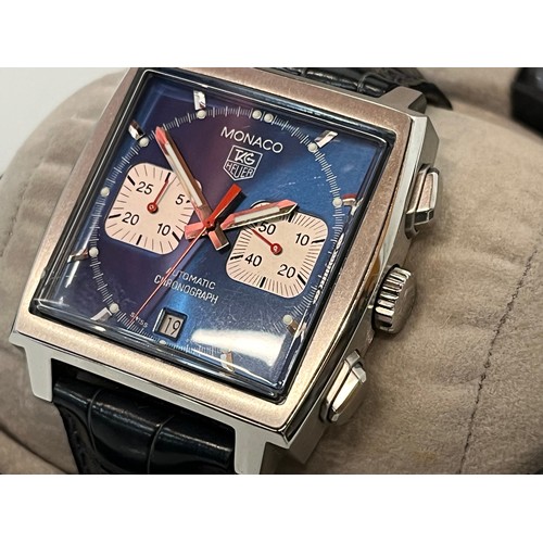 155 - Vintage TAG Heuer Gents wrist watch, Monaco automatic Chronograph, blue crocadile starp, boxed with ... 