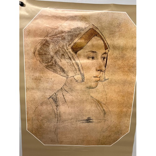 366 - Mid Century furnishing, classic 1978 British Museum art poster, sketch of Anne Boleyn by Holbein. 91... 