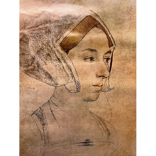 366 - Mid Century furnishing, classic 1978 British Museum art poster, sketch of Anne Boleyn by Holbein. 91... 