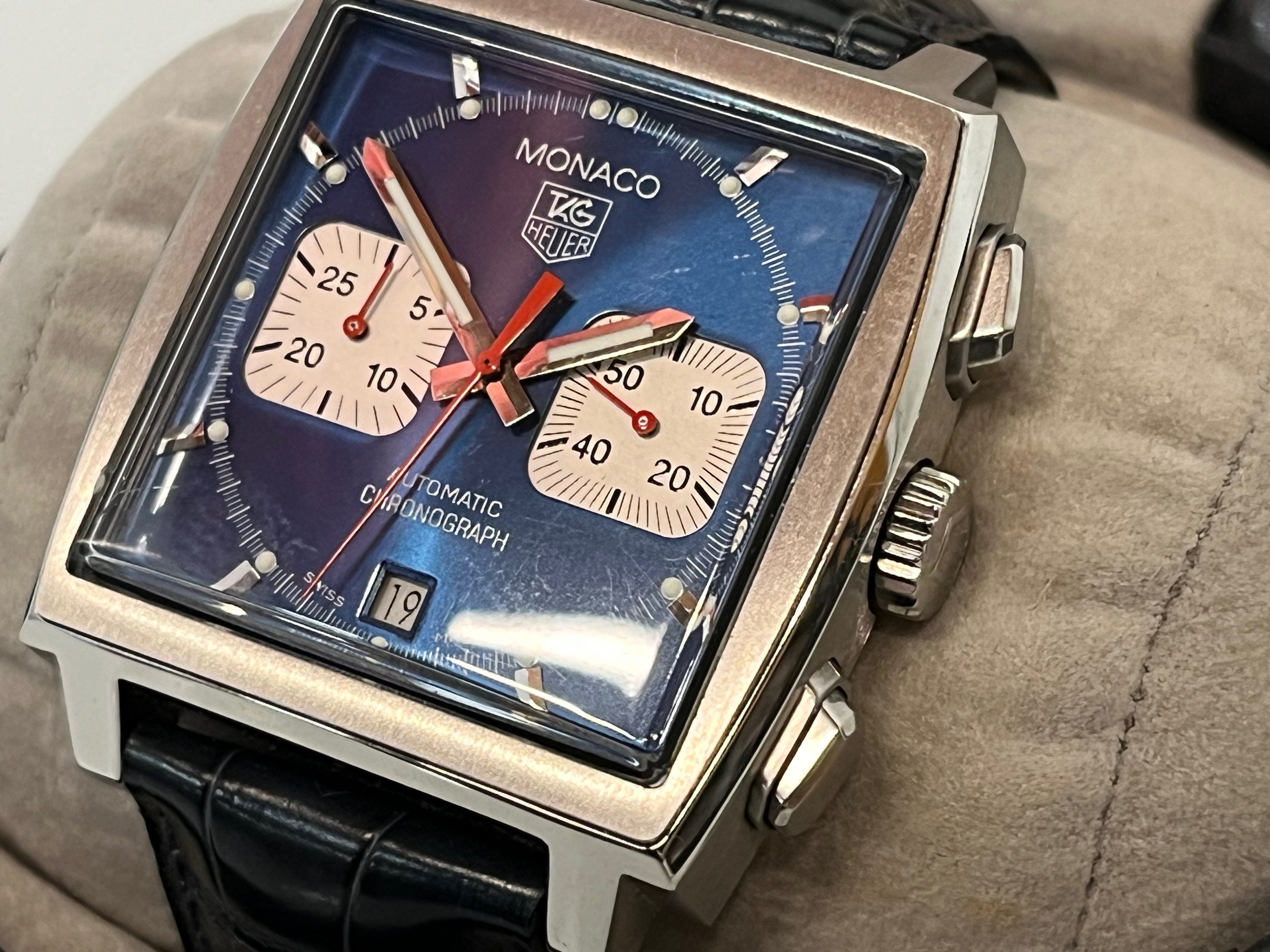 Vintage TAG Heuer Gents wrist watch, Monaco automatic Chronograph, blue ...