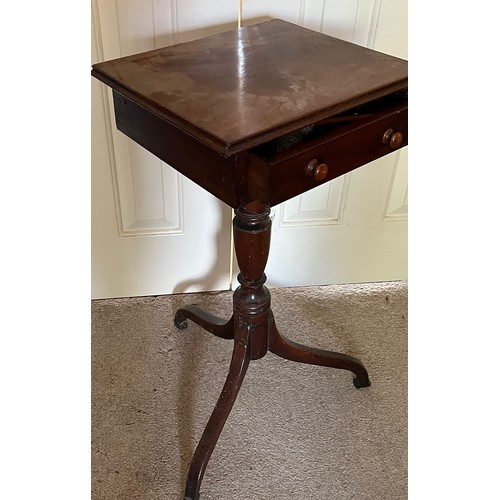 318 - A mahogany single drawer side table on a single column base, 36 cm x 30 cm x 70 cm high.

This lot i... 