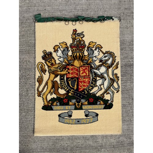 326 - Royal memorabilia, woven textile wall hanging of the Royal Coat of Arms.

This lot is available for ... 