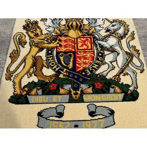 326 - Royal memorabilia, woven textile wall hanging of the Royal Coat of Arms.

This lot is available for ... 