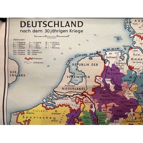 49 - Maps, a Linen backed German education poster on provences and neighbouring counties to Germany, not ... 