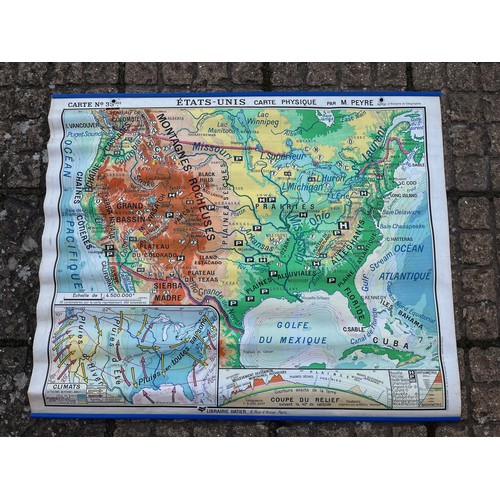 50 - Large educational wall map, double sided physical and political projections of the United States.

T... 