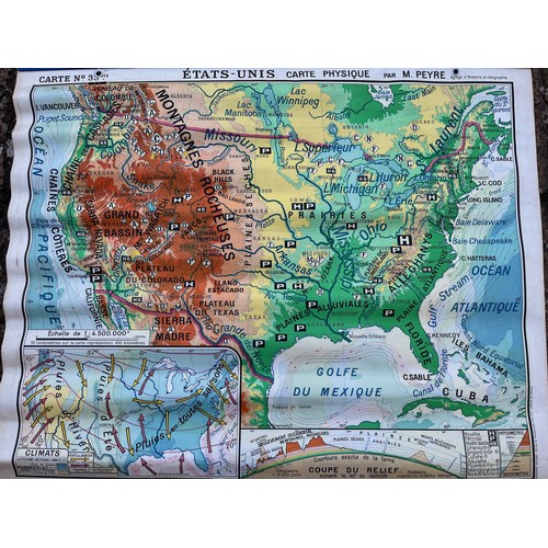 50 - Large educational wall map, double sided physical and political projections of the United States.

T... 