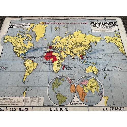 52 - Large educational wall map, double sided projections of the French Colonies across the globe.

This ... 