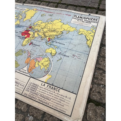 52 - Large educational wall map, double sided projections of the French Colonies across the globe.

This ... 