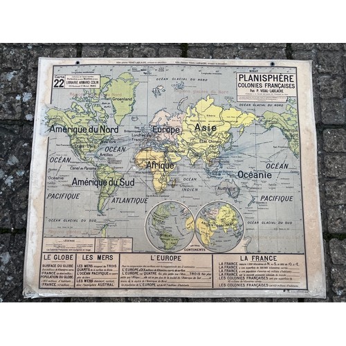 52 - Large educational wall map, double sided projections of the French Colonies across the globe.

This ... 