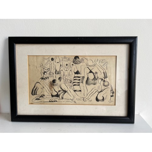 56 - A mid-century drawing, a framed Art Deco jazz era study of female bathers. 38.5 cm x 26.5 cm.


This... 