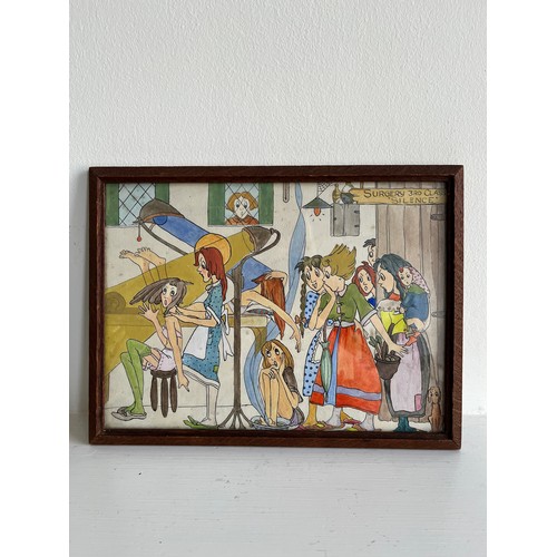 57 - A mid-century original framed cartoon of a scene within a doctors surgery, 29 cm x 21 cm.

This lot ... 