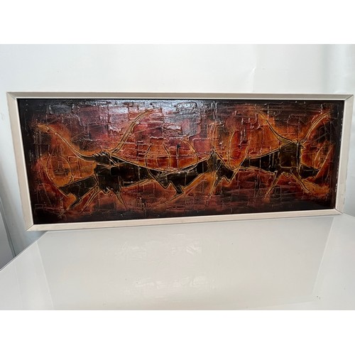 105 - A large mid century stylised painting of bulls in a very heavy red ground, 125 cm x 48 cm.


This lo... 