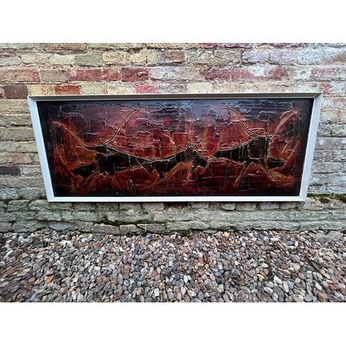 105 - A large mid century stylised painting of bulls in a very heavy red ground, 125 cm x 48 cm.


This lo... 