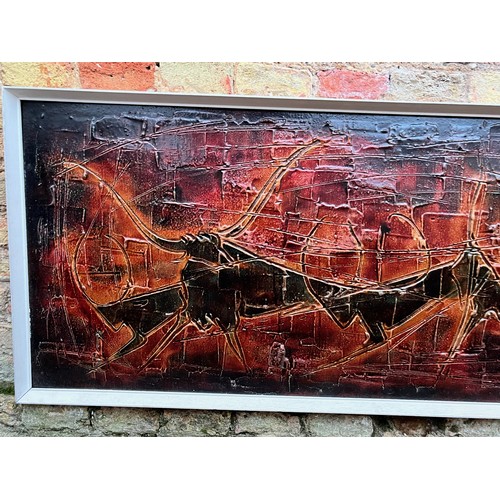 105 - A large mid century stylised painting of bulls in a very heavy red ground, 125 cm x 48 cm.


This lo... 