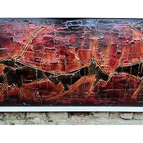 105 - A large mid century stylised painting of bulls in a very heavy red ground, 125 cm x 48 cm.


This lo... 