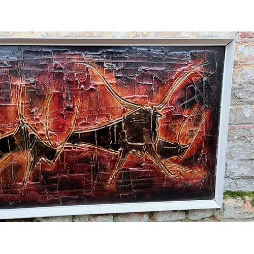 105 - A large mid century stylised painting of bulls in a very heavy red ground, 125 cm x 48 cm.


This lo... 