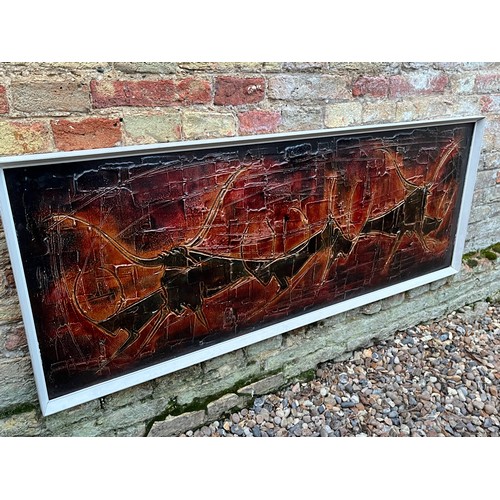 105 - A large mid century stylised painting of bulls in a very heavy red ground, 125 cm x 48 cm.


This lo... 