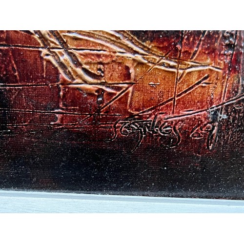 105 - A large mid century stylised painting of bulls in a very heavy red ground, 125 cm x 48 cm.


This lo... 