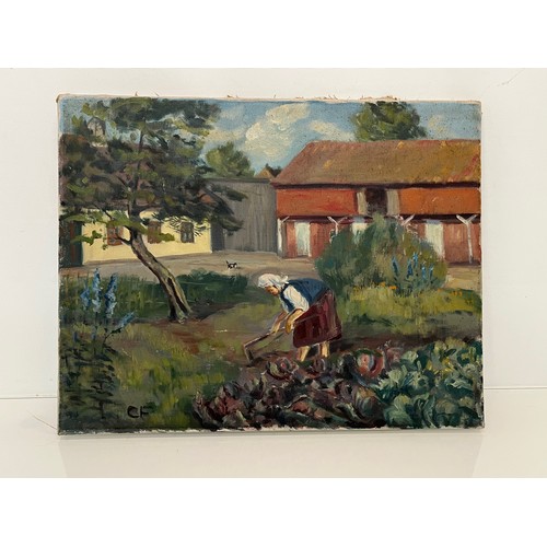 108 - Oil on canvas painting of a woman tending her vegetable plot. 45cm x 35 cm.

This lot is available f... 