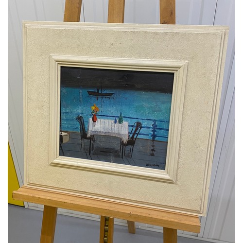 207 - Mid C20th painting, oil on canvas a study of a table and chairs overlooking the sea. By German Jewis... 