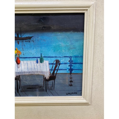 207 - Mid C20th painting, oil on canvas a study of a table and chairs overlooking the sea. By German Jewis... 