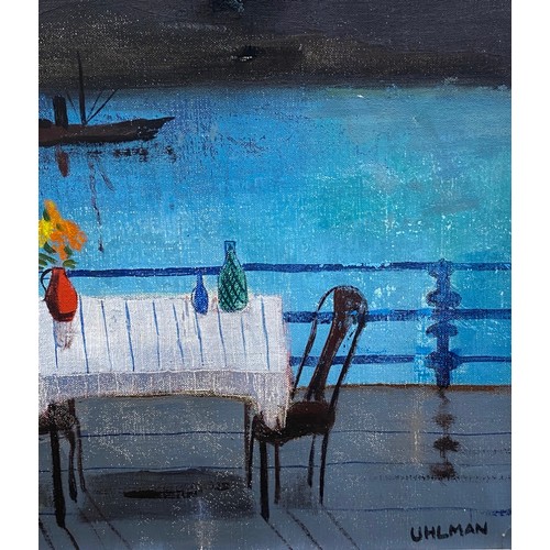 207 - Mid C20th painting, oil on canvas a study of a table and chairs overlooking the sea. By German Jewis... 