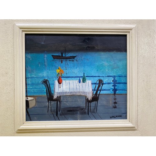 207 - Mid C20th painting, oil on canvas a study of a table and chairs overlooking the sea. By German Jewis... 