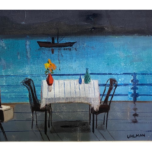 207 - Mid C20th painting, oil on canvas a study of a table and chairs overlooking the sea. By German Jewis... 