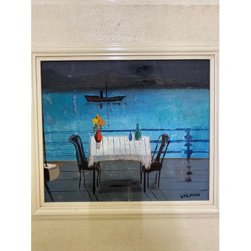 207 - Mid C20th painting, oil on canvas a study of a table and chairs overlooking the sea. By German Jewis... 