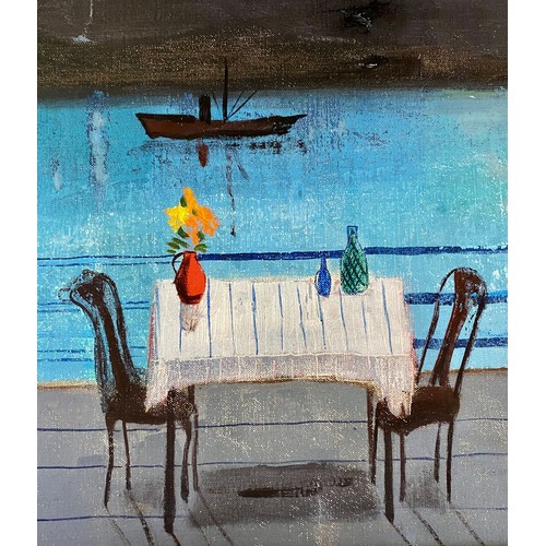 207 - Mid C20th painting, oil on canvas a study of a table and chairs overlooking the sea. By German Jewis... 