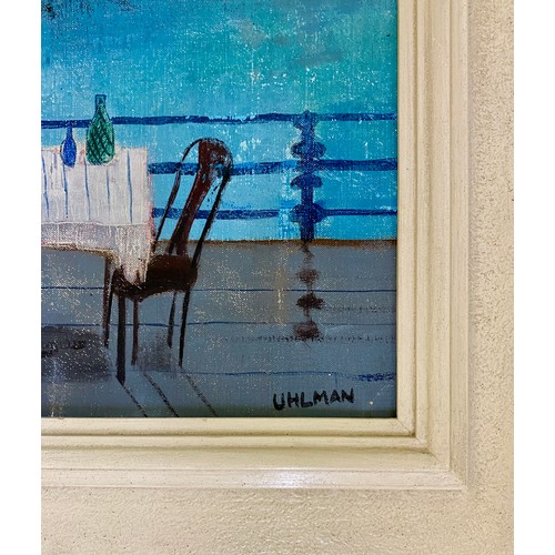 207 - Mid C20th painting, oil on canvas a study of a table and chairs overlooking the sea. By German Jewis... 