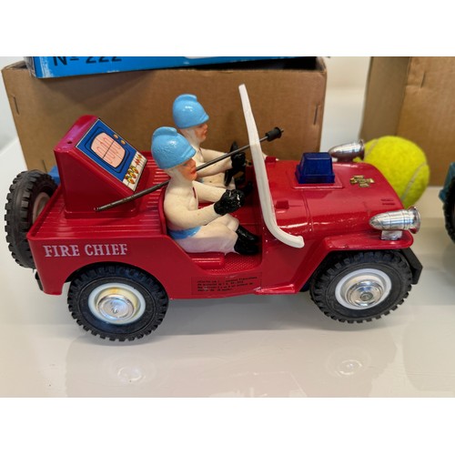 145 - Toys, two plastic Jeeps, a fire chief and a police themed model, both boxed and each is 23 cm long.
... 