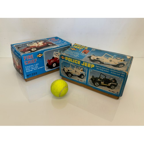 145 - Toys, two plastic Jeeps, a fire chief and a police themed model, both boxed and each is 23 cm long.
... 