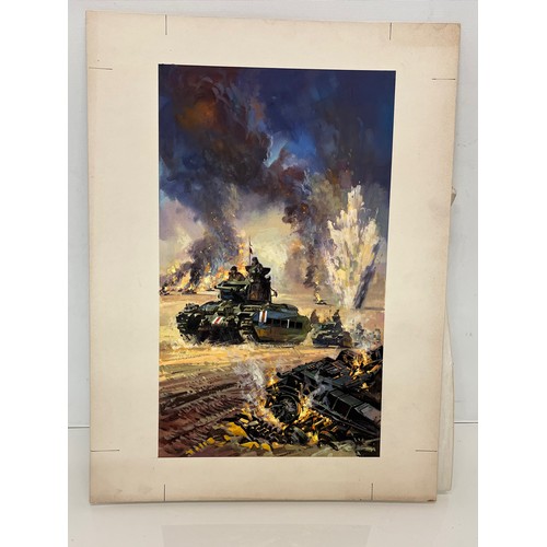 175 - Military book artwork by Doug Post, original gouache on board of a dramatic tank battle scene, 34 cm... 