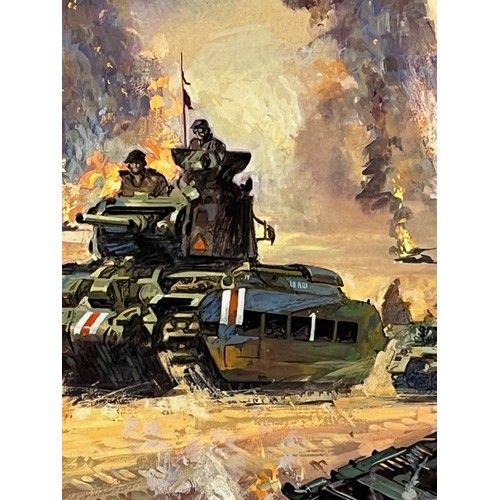 175 - Military book artwork by Doug Post, original gouache on board of a dramatic tank battle scene, 34 cm... 