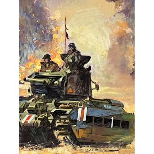 175 - Military book artwork by Doug Post, original gouache on board of a dramatic tank battle scene, 34 cm... 