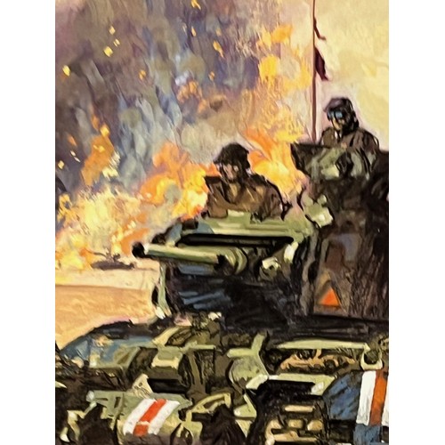 175 - Military book artwork by Doug Post, original gouache on board of a dramatic tank battle scene, 34 cm... 