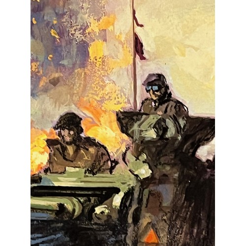 175 - Military book artwork by Doug Post, original gouache on board of a dramatic tank battle scene, 34 cm... 