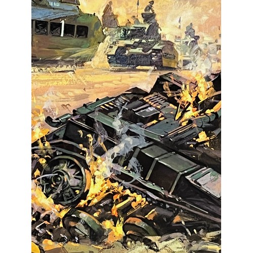 175 - Military book artwork by Doug Post, original gouache on board of a dramatic tank battle scene, 34 cm... 