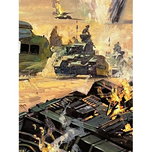 175 - Military book artwork by Doug Post, original gouache on board of a dramatic tank battle scene, 34 cm... 