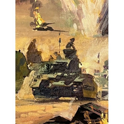 175 - Military book artwork by Doug Post, original gouache on board of a dramatic tank battle scene, 34 cm... 