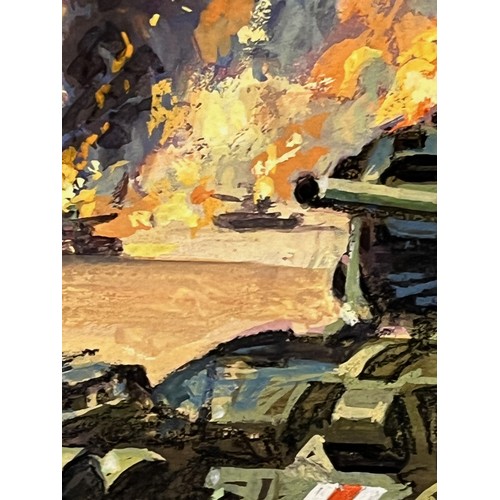 175 - Military book artwork by Doug Post, original gouache on board of a dramatic tank battle scene, 34 cm... 